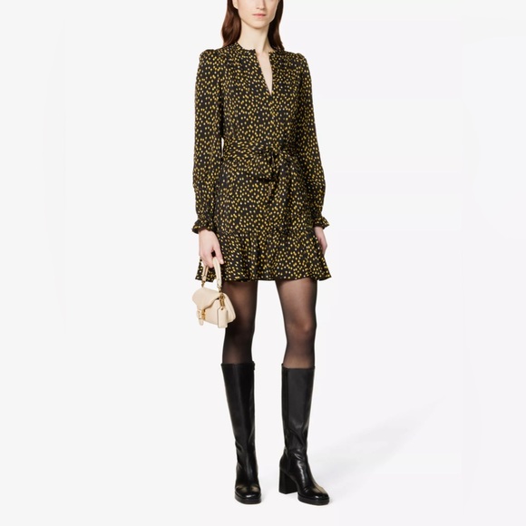 NWT ME+Em Micro Petal Print Mini Belted Dress Black Yellow | Size 10 - Picture 1 of 12